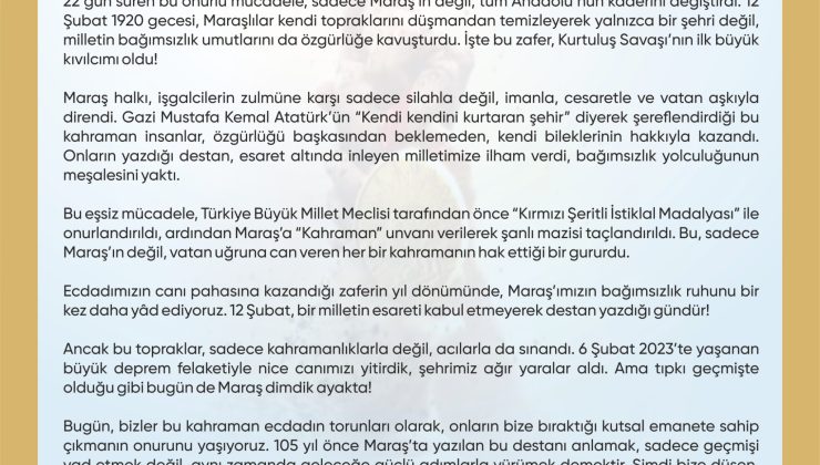 Vali Mükerrem Ünlüer’in 12 Şubat Kurtuluş Bayramı Mesajı
