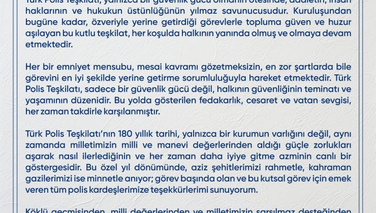 Vali Ünlüer’in Türk Polis Teşkilatının 180. Kuruluş Yıl Dönümü Mesajı