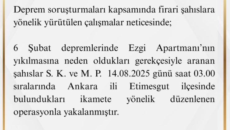 Ezgi Apartmanı Davasında Firari İki Şüpheli Yakalandı