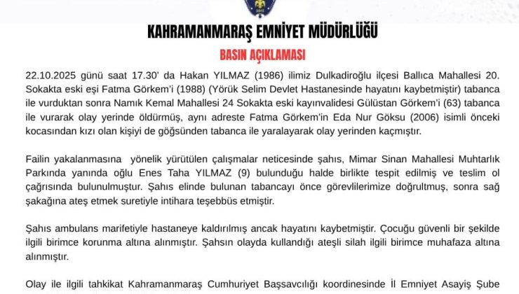Kahramanmaraş’ta Aile Faciası: 2 Ölü, 1 Yaralı