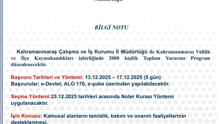 Kahramanmaraş’ta 2000 Kişilik Toplum Yararına Program Başlıyor