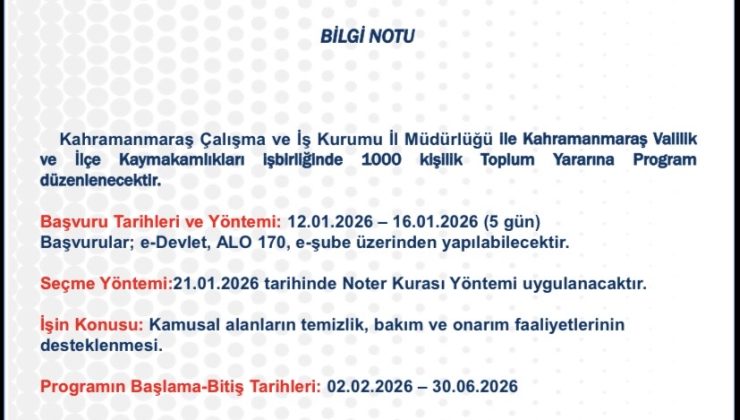 Kahramanmaraş’ta 1000 Kişilik Toplum Yararına Program Düzenlenecek